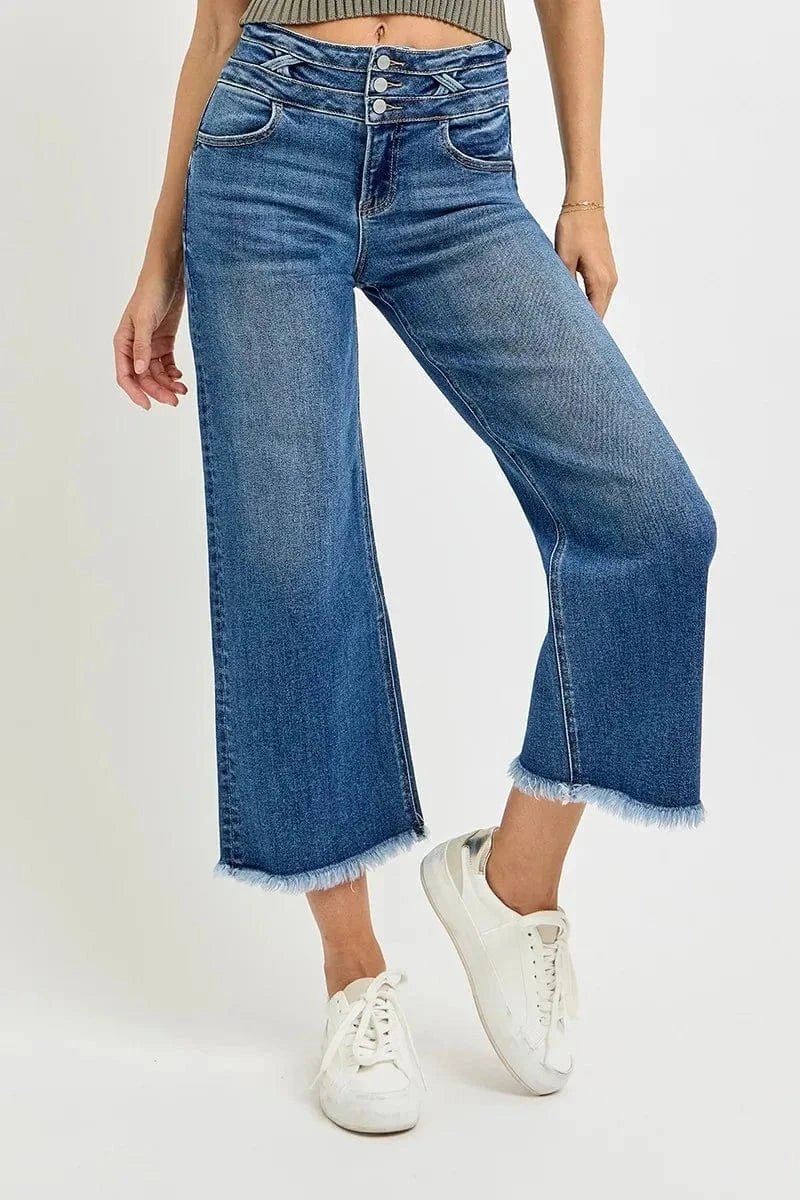 RISEN High Rise Crop Wide Leg Jeans with Wide Band Detail - DARK by Trendsi from FREYA’S CLOSET