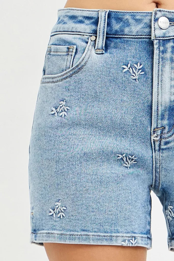 RISEN High Rise Denim Shorts with Embroidered Detail - LIGHT by Trendsi from FREYA’S CLOSET