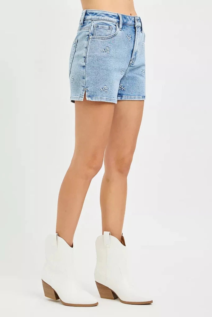 RISEN High Rise Denim Shorts with Embroidered Detail - LIGHT by Trendsi from FREYA’S CLOSET