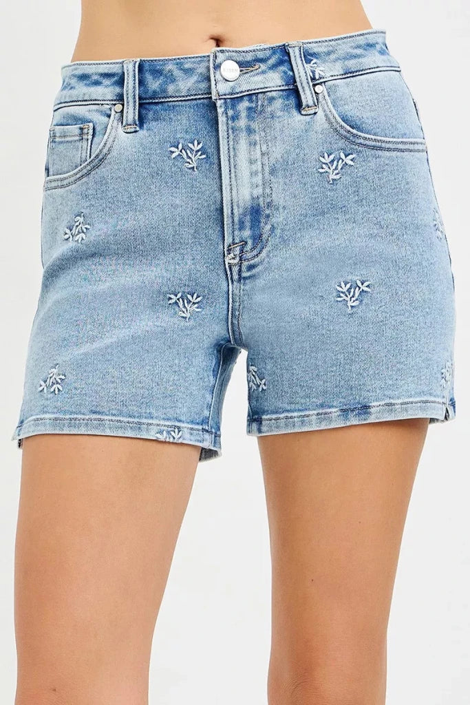 RISEN High Rise Denim Shorts with Embroidered Detail - LIGHT by Trendsi from FREYA’S CLOSET