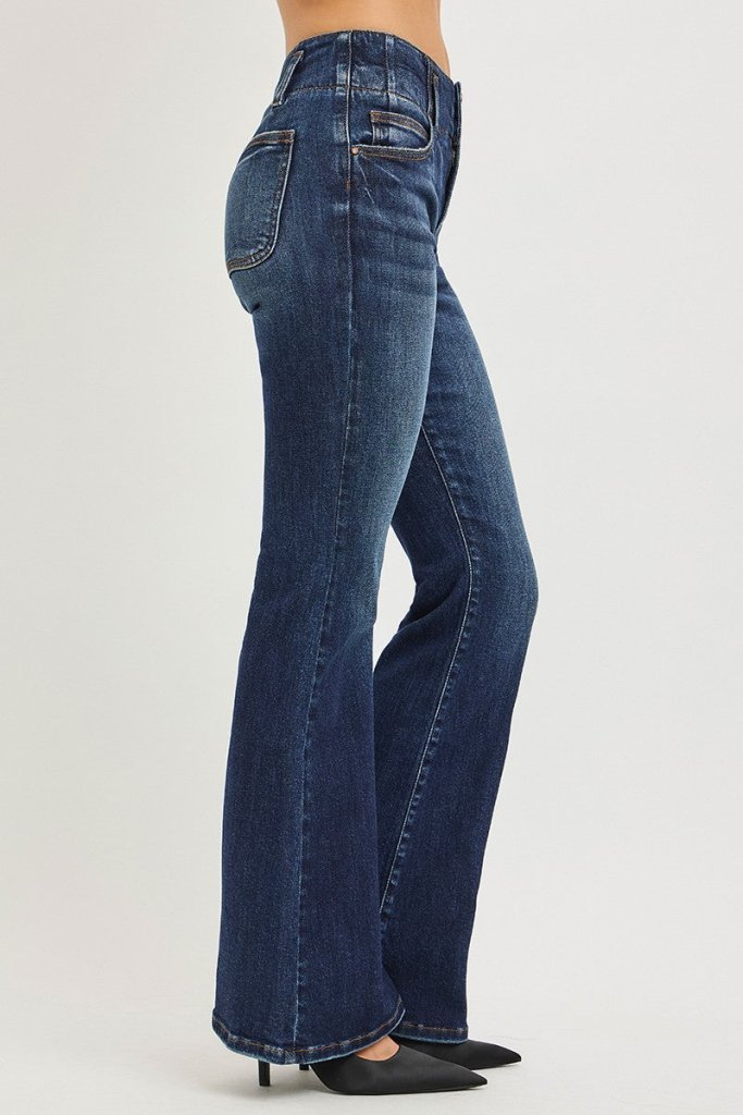 RISEN High Rise Flare Jeans With Seam Detail Waistband - DARK by Trendsi from FREYA’S CLOSET