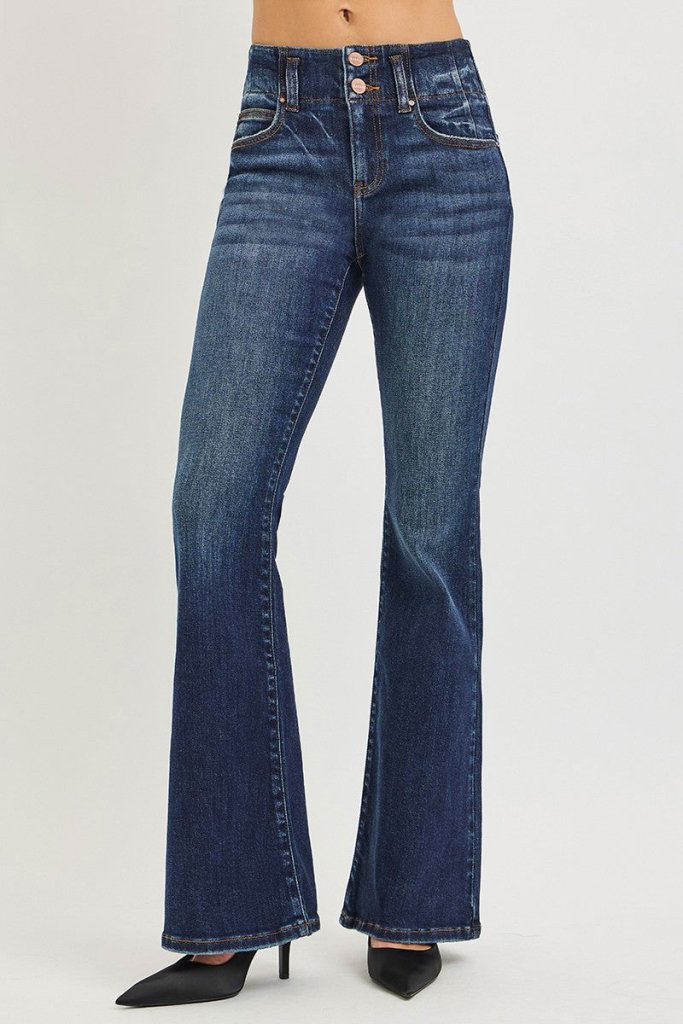 RISEN High Rise Flare Jeans With Seam Detail Waistband - DARK by Trendsi from FREYA’S CLOSET