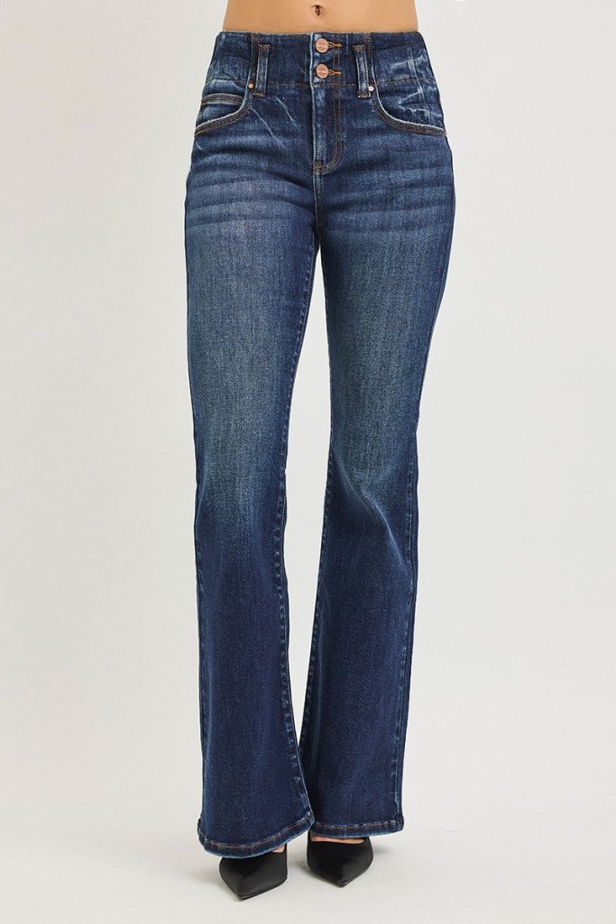 RISEN High Rise Flare Jeans With Seam Detail Waistband - DARK by Trendsi from FREYA’S CLOSET