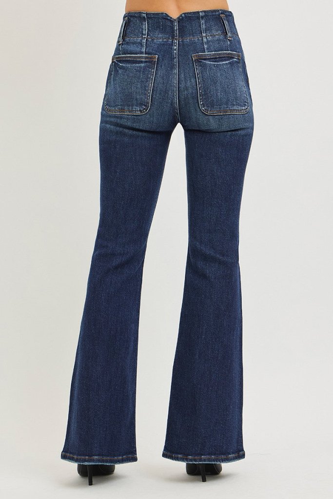 RISEN High Rise Flare Jeans With Seam Detail Waistband - DARK by Trendsi from FREYA’S CLOSET