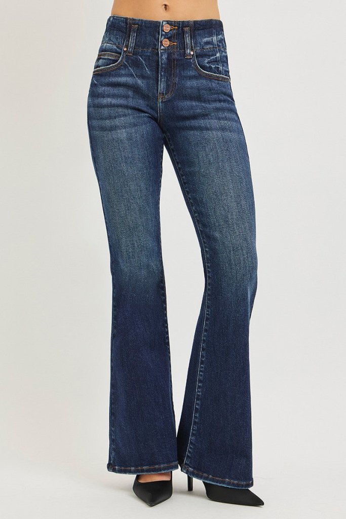 RISEN High Rise Flare Jeans With Seam Detail Waistband - DARK by Trendsi from FREYA’S CLOSET