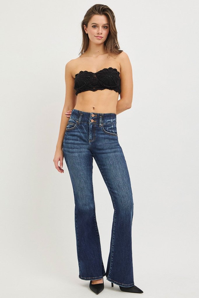 RISEN High Rise Flare Jeans With Seam Detail Waistband - DARK by Trendsi from FREYA’S CLOSET