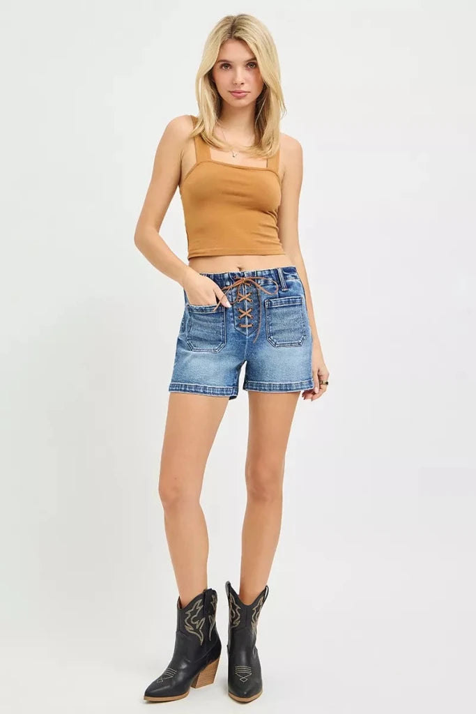 RISEN High Rise Front Tie Up Shorts with Patch Pockets - MEDIUM by Trendsi from FREYA’S CLOSET