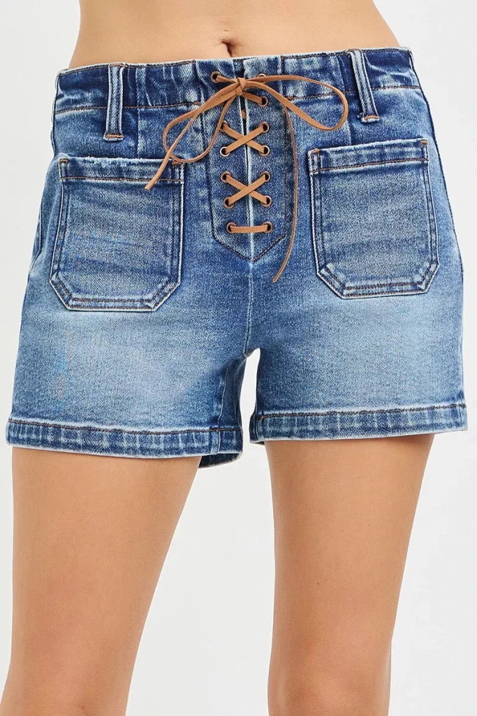 RISEN High Rise Front Tie Up Shorts with Patch Pockets - MEDIUM by Trendsi from FREYA’S CLOSET