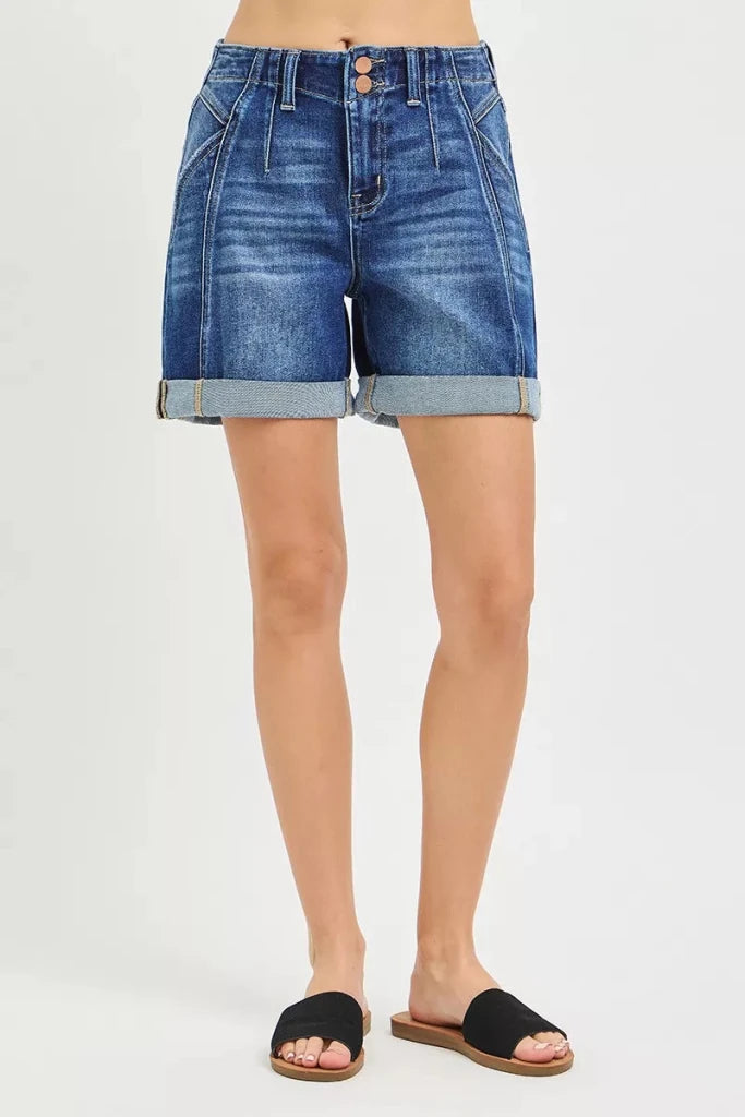RISEN High Rise Seamed Roll Up Shorts - DARK by Trendsi from FREYA’S CLOSET