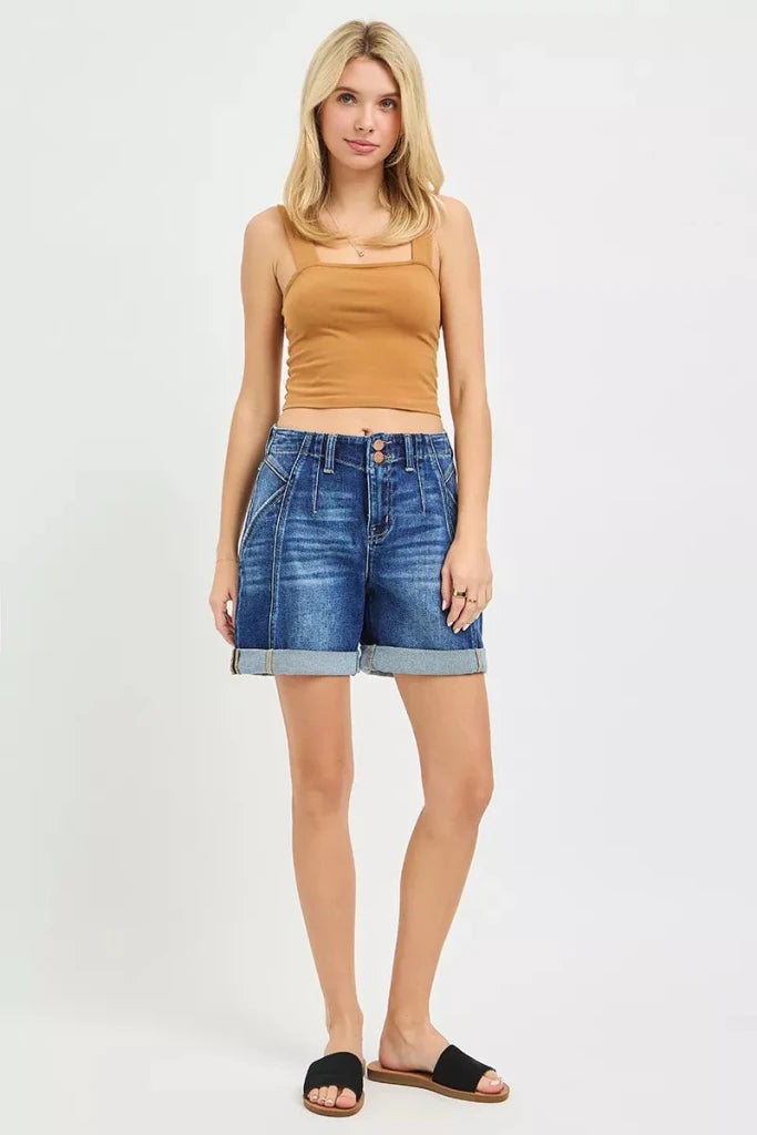 RISEN High Rise Seamed Roll Up Shorts - DARK by Trendsi from FREYA’S CLOSET