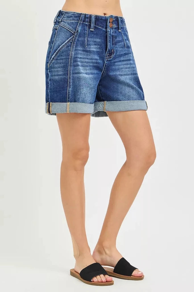 RISEN High Rise Seamed Roll Up Shorts - DARK by Trendsi from FREYA’S CLOSET