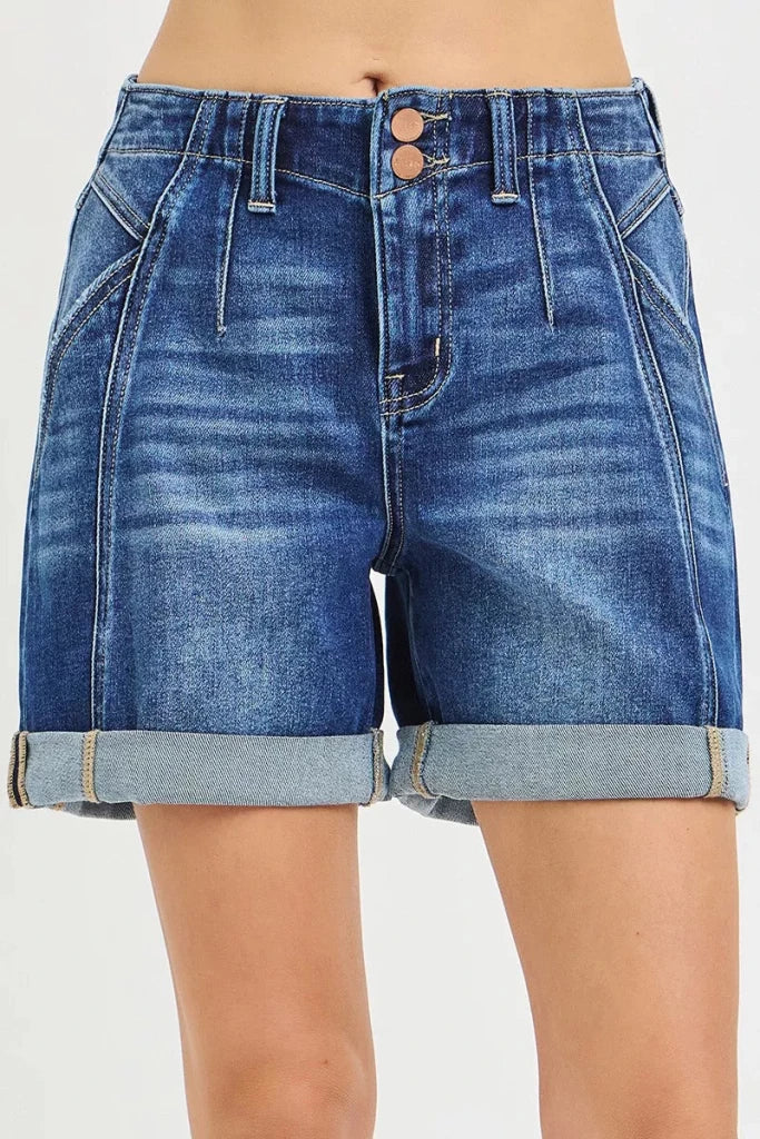 RISEN High Rise Seamed Roll Up Shorts - DARK by Trendsi from FREYA’S CLOSET