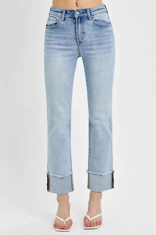 RISEN High Rise Straight Cuffed Relaxed Jeans - Light by Trendsi from FREYA’S CLOSET