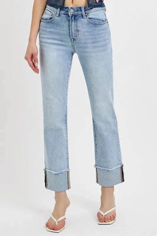 RISEN High Rise Straight Cuffed Relaxed Jeans - Light by Trendsi from FREYA’S CLOSET