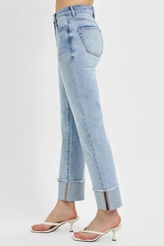 RISEN High Rise Straight Cuffed Relaxed Jeans - Light by Trendsi from FREYA’S CLOSET