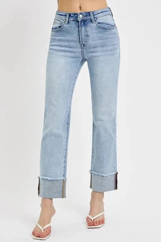 RISEN High Rise Straight Cuffed Relaxed Jeans - Light by Trendsi from FREYA’S CLOSET