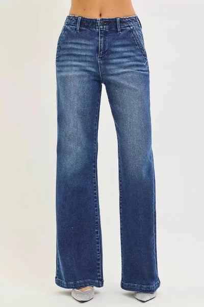 RISEN High Rise Wide Leg Slanted Pocket Jeans - DARK by Trendsi from FREYA’S CLOSET