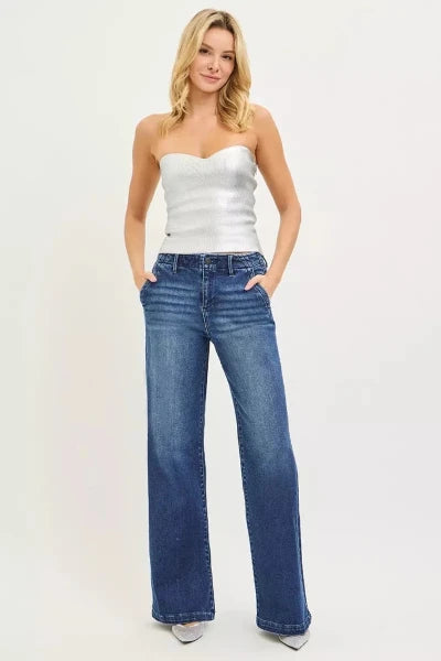 RISEN High Rise Wide Leg Slanted Pocket Jeans - DARK by Trendsi from FREYA’S CLOSET