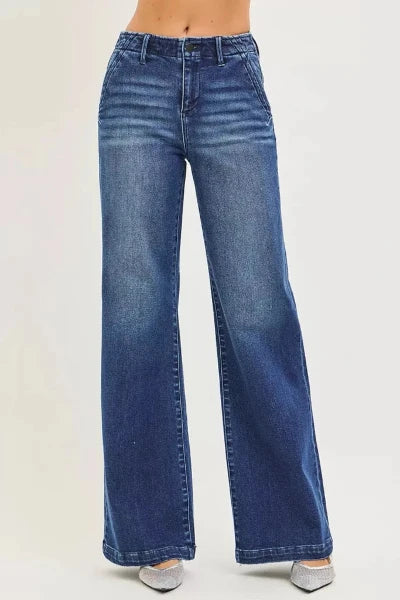 RISEN High Rise Wide Leg Slanted Pocket Jeans - DARK by Trendsi from FREYA’S CLOSET