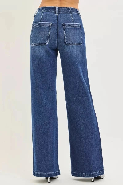 RISEN High Rise Wide Leg Slanted Pocket Jeans - DARK by Trendsi from FREYA’S CLOSET