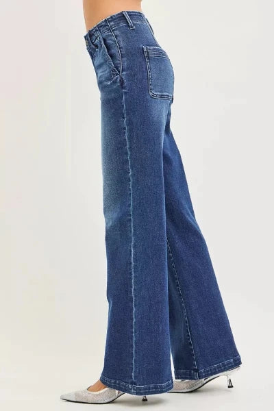 RISEN High Rise Wide Leg Slanted Pocket Jeans - DARK by Trendsi from FREYA’S CLOSET