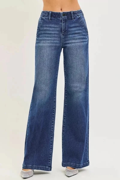 RISEN High Rise Wide Leg Slanted Pocket Jeans - DARK by Trendsi from FREYA’S CLOSET