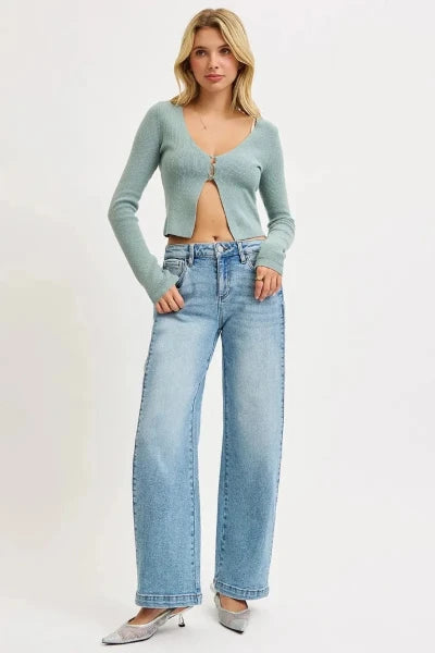 RISEN Mid Rise Wide Barrel Transferable Leg Snap Jeans - MEDIUM by Trendsi from FREYA’S CLOSET