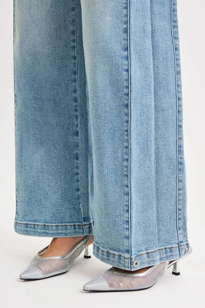 RISEN Mid Rise Wide Barrel Transferable Leg Snap Jeans - MEDIUM by Trendsi from FREYA’S CLOSET