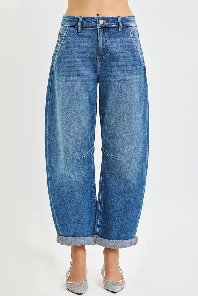 RISEN Slouchy Cropped Barrel Jeans With Cuffed Hem - MEDIUM by Trendsi from FREYA’S CLOSET