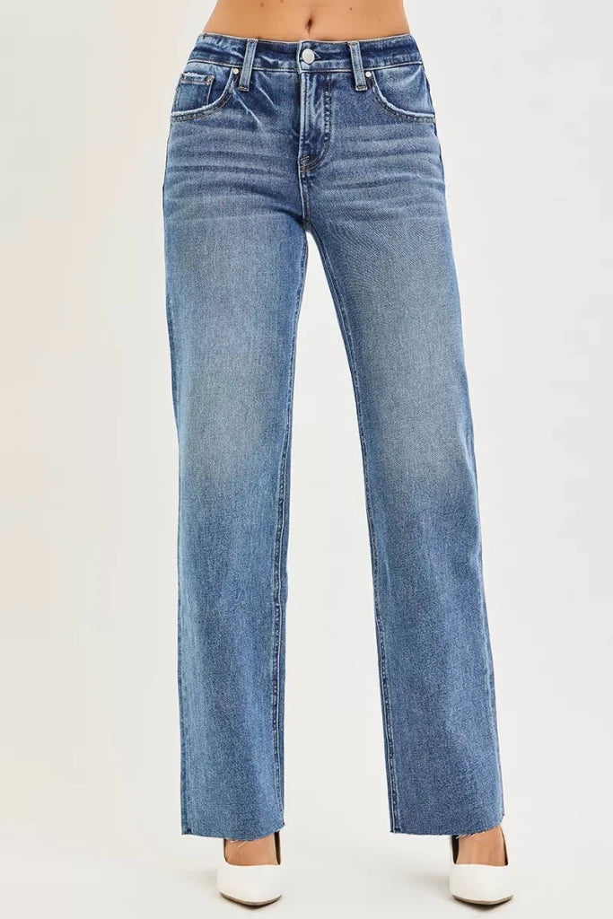 RISEN Tummy Control 4 Way Stretch Mid Rise Straight Jeans - DARK by Trendsi from FREYA’S CLOSET