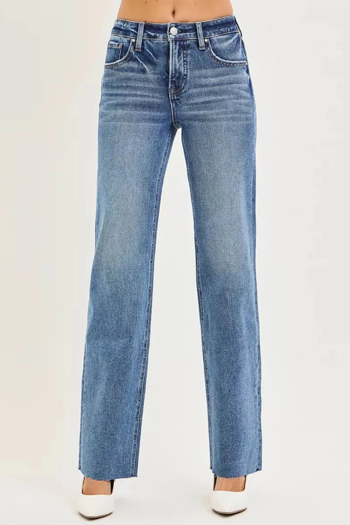 RISEN Tummy Control 4 Way Stretch Mid Rise Straight Jeans - DARK by Trendsi from FREYA’S CLOSET
