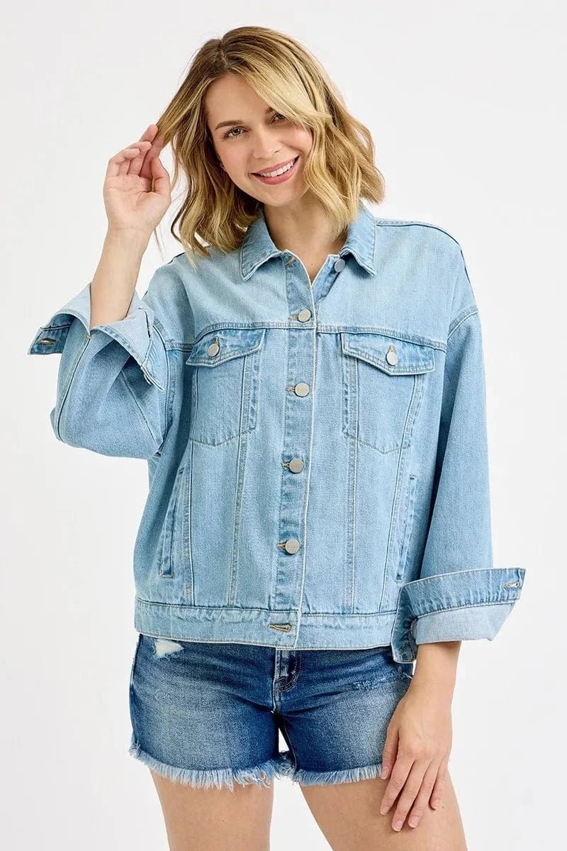 RISEN Washed Dropped Shoulder Denim Jacket - LIGHT by Trendsi from FREYA’S CLOSET