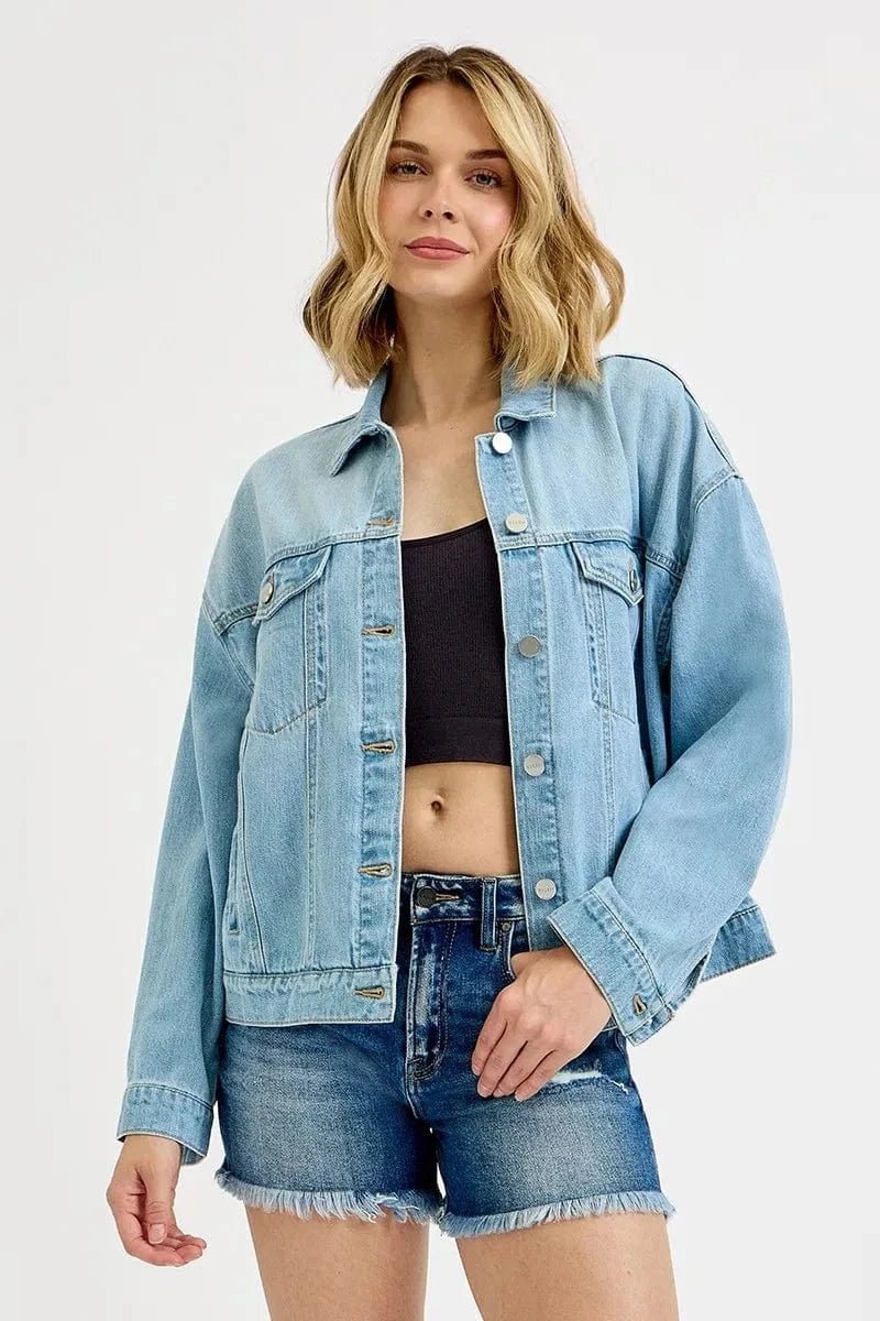 RISEN Washed Dropped Shoulder Denim Jacket - LIGHT by Trendsi from FREYA’S CLOSET