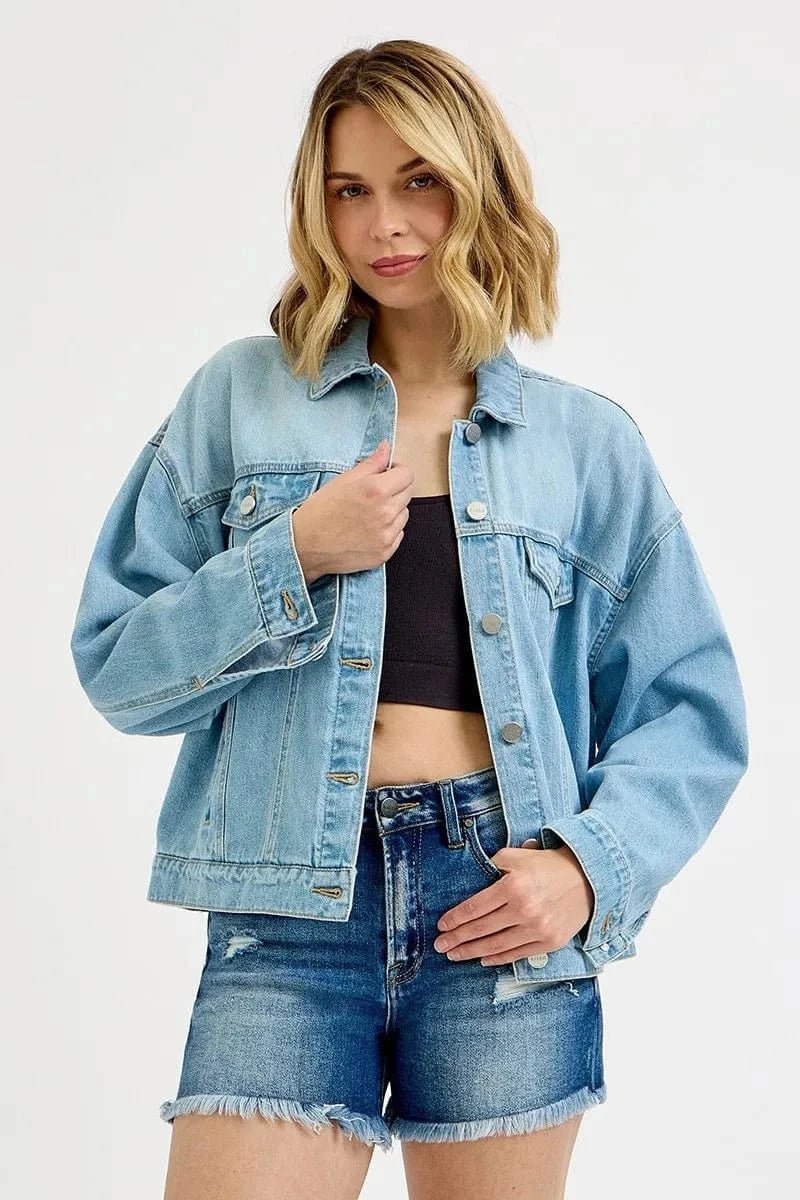 RISEN Washed Dropped Shoulder Denim Jacket - LIGHT by Trendsi from FREYA’S CLOSET