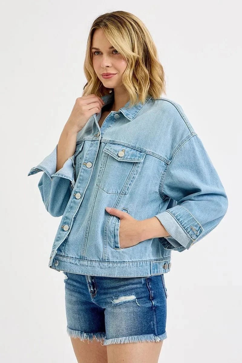 RISEN Washed Dropped Shoulder Denim Jacket - LIGHT by Trendsi from FREYA’S CLOSET