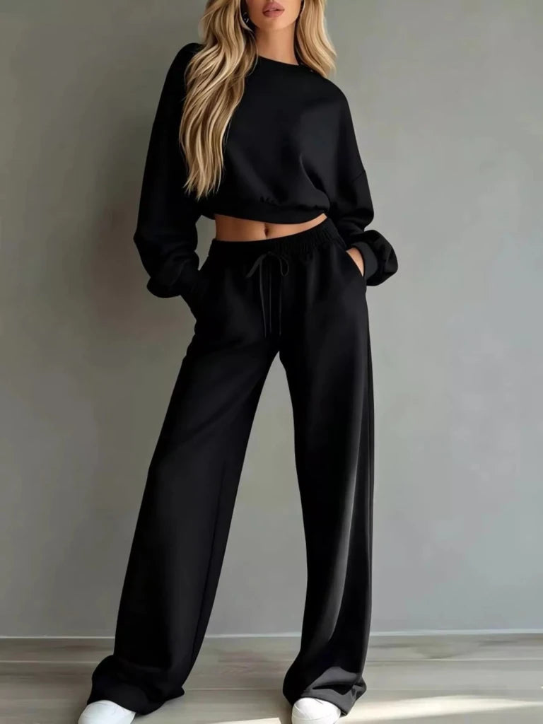 Round neck cropped sweatshirt and wide-leg pants set, alternate product image