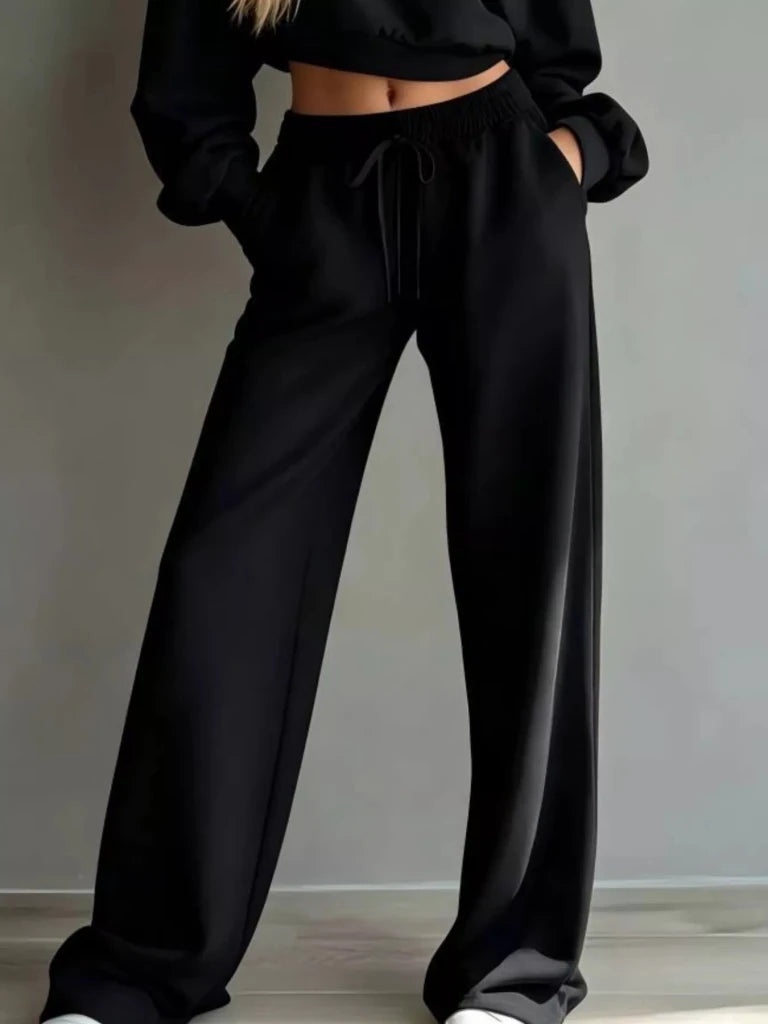 Round neck cropped sweatshirt and wide-leg pants set, alternate product image