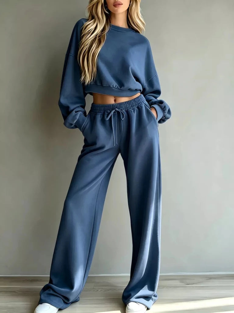 Round neck cropped sweatshirt and wide-leg pants set, alternate product image