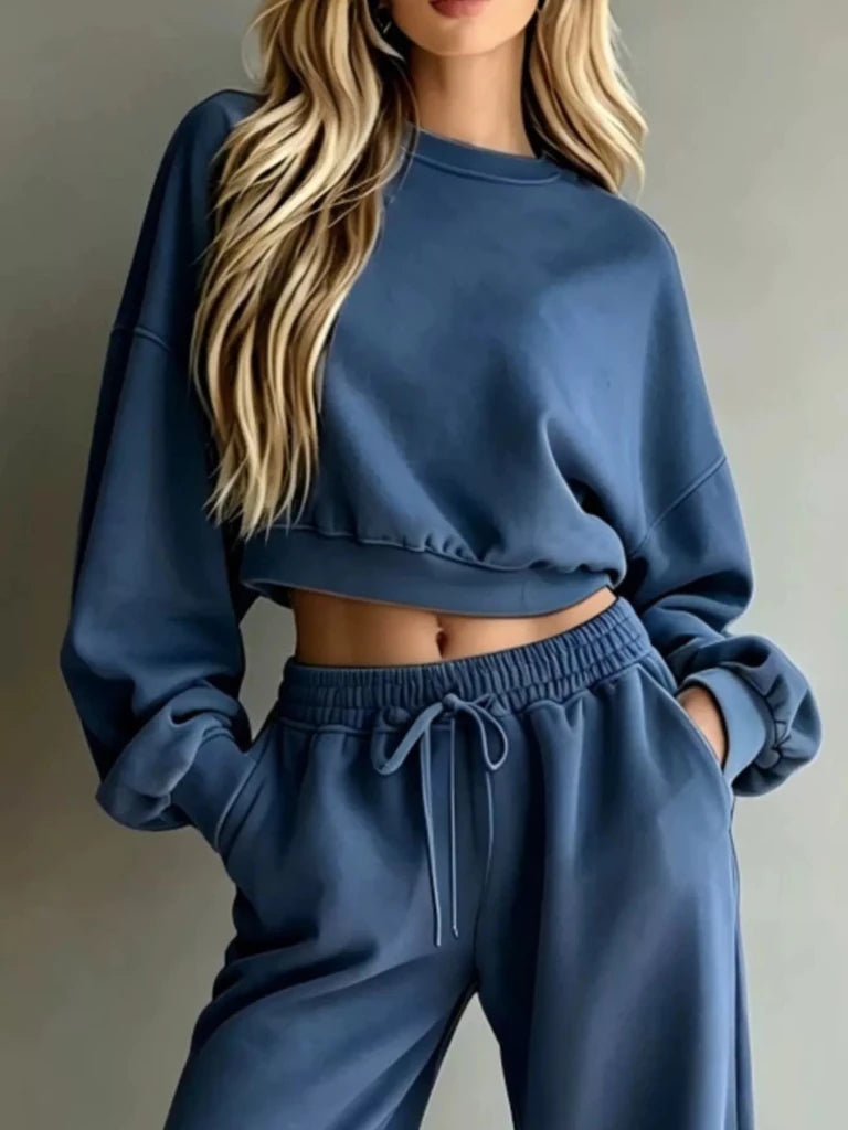 Round neck cropped sweatshirt and wide-leg pants set, alternate product image