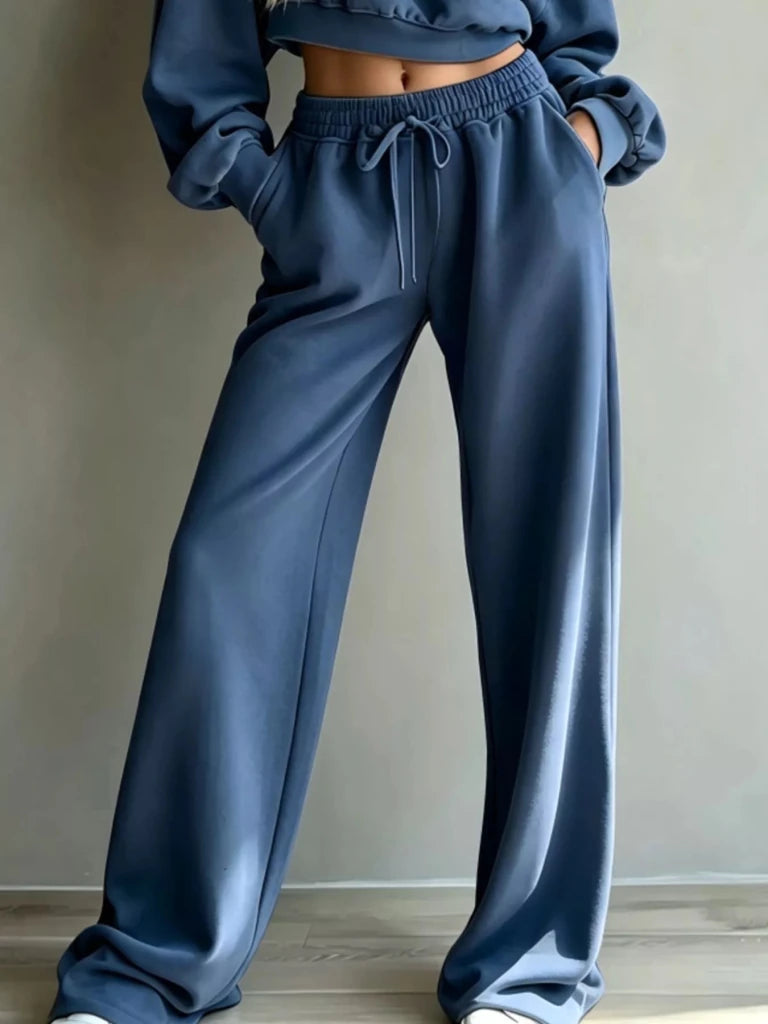 Round neck cropped sweatshirt and wide-leg pants set, alternate product image