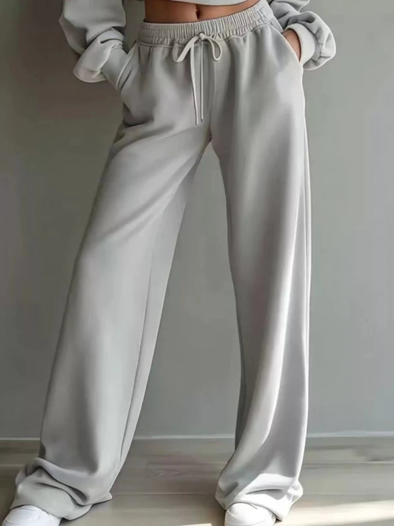 Round neck cropped sweatshirt and wide-leg pants set, alternate product image