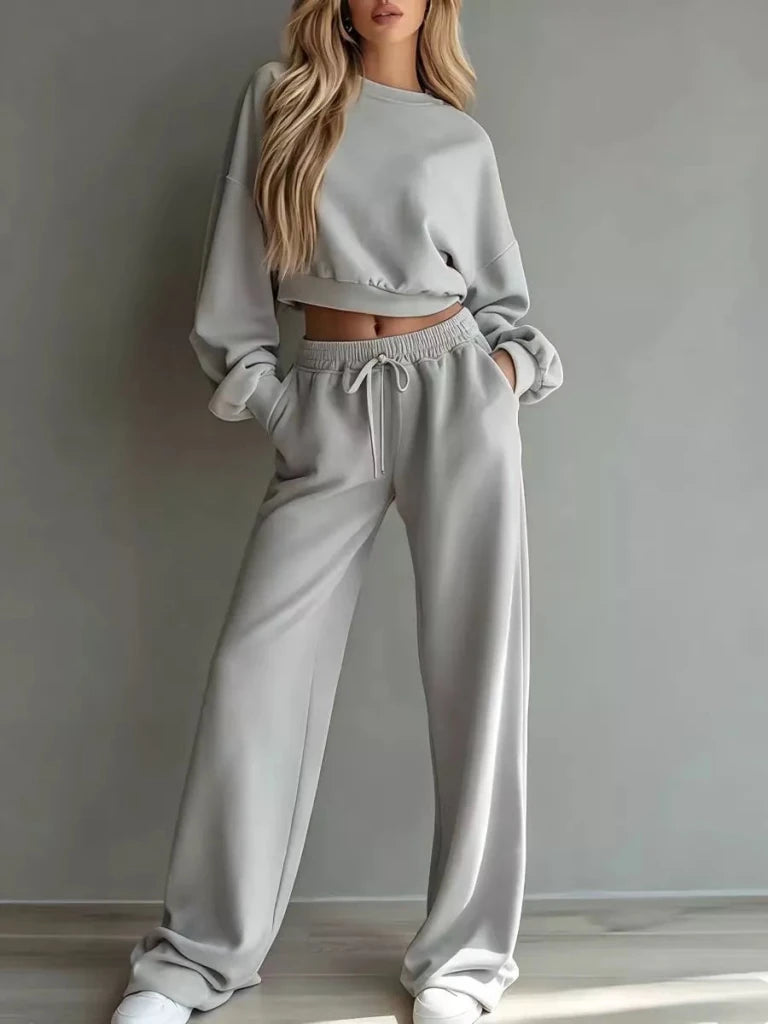 Round neck cropped sweatshirt and wide-leg pants set, alternate product image