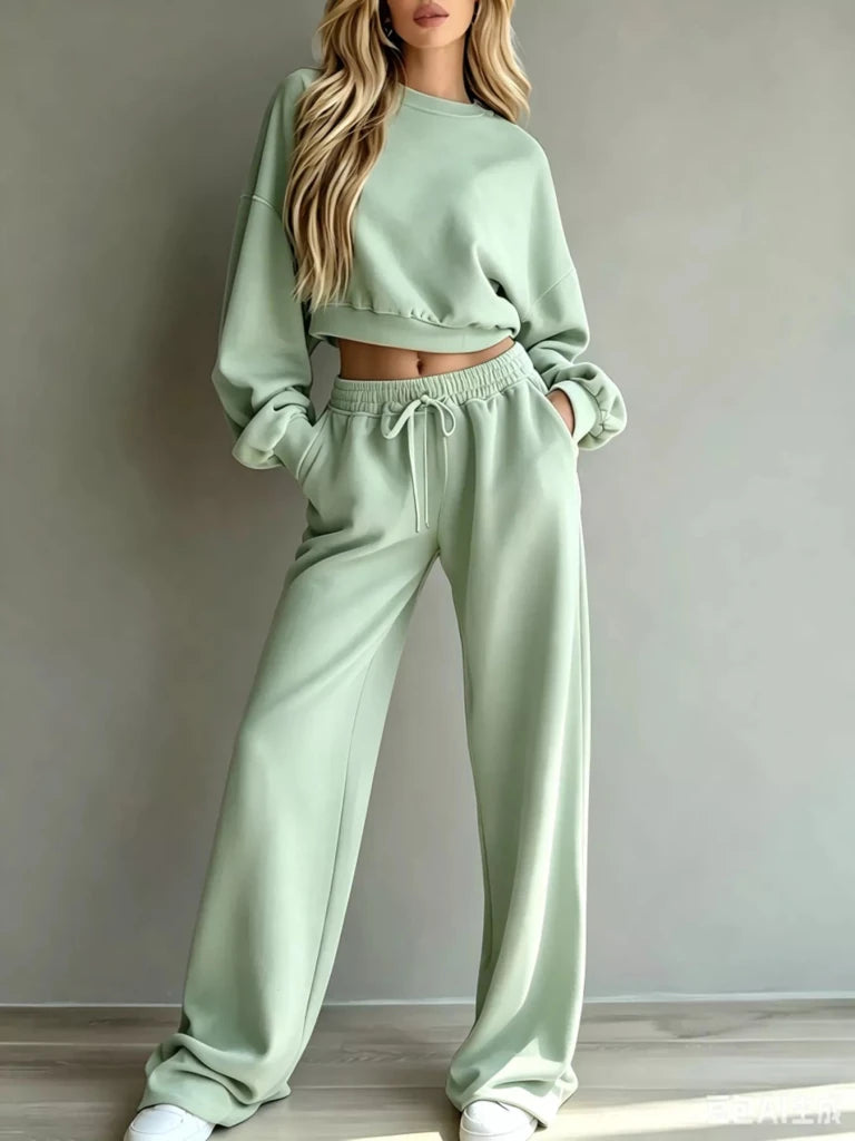 Round neck cropped sweatshirt and wide-leg pants set, alternate product image