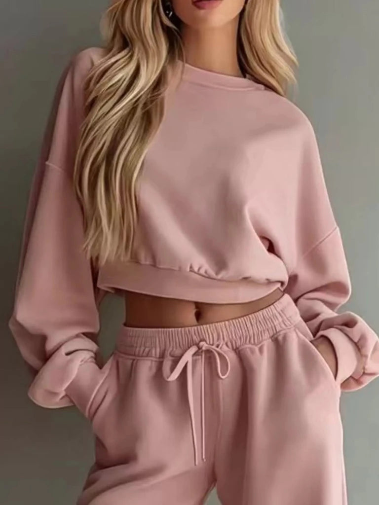 Round neck cropped sweatshirt and wide-leg pants set, alternate product image