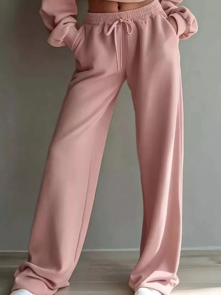 Round neck cropped sweatshirt and wide-leg pants set, alternate product image