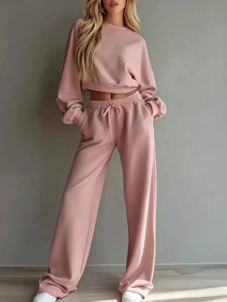 Round neck cropped sweatshirt and wide-leg pants set, alternate product image