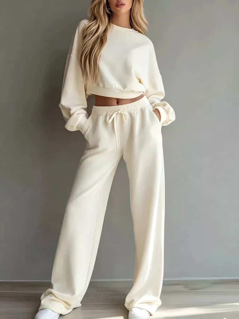 Round neck cropped sweatshirt and wide-leg pants set, alternate product image