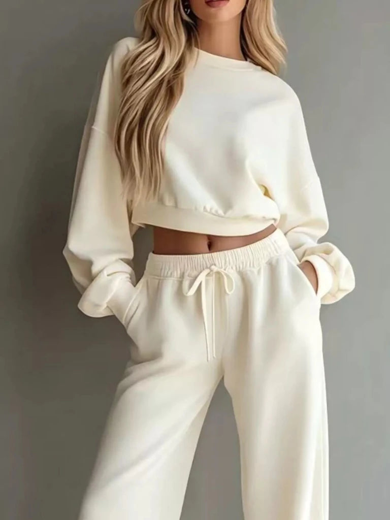 Round neck cropped sweatshirt and wide-leg pants set, alternate product image
