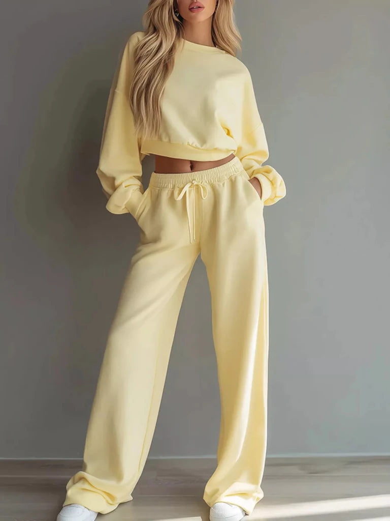 Round neck cropped sweatshirt and wide-leg pants set