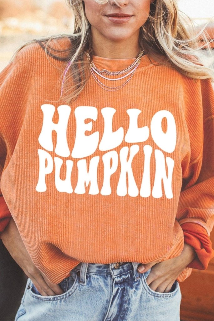 Round Neck Dropped Shoulder HELLO PUMPKIN Graphic Sweatshirt - Caramel by Trendsi from FREYA’S CLOSET